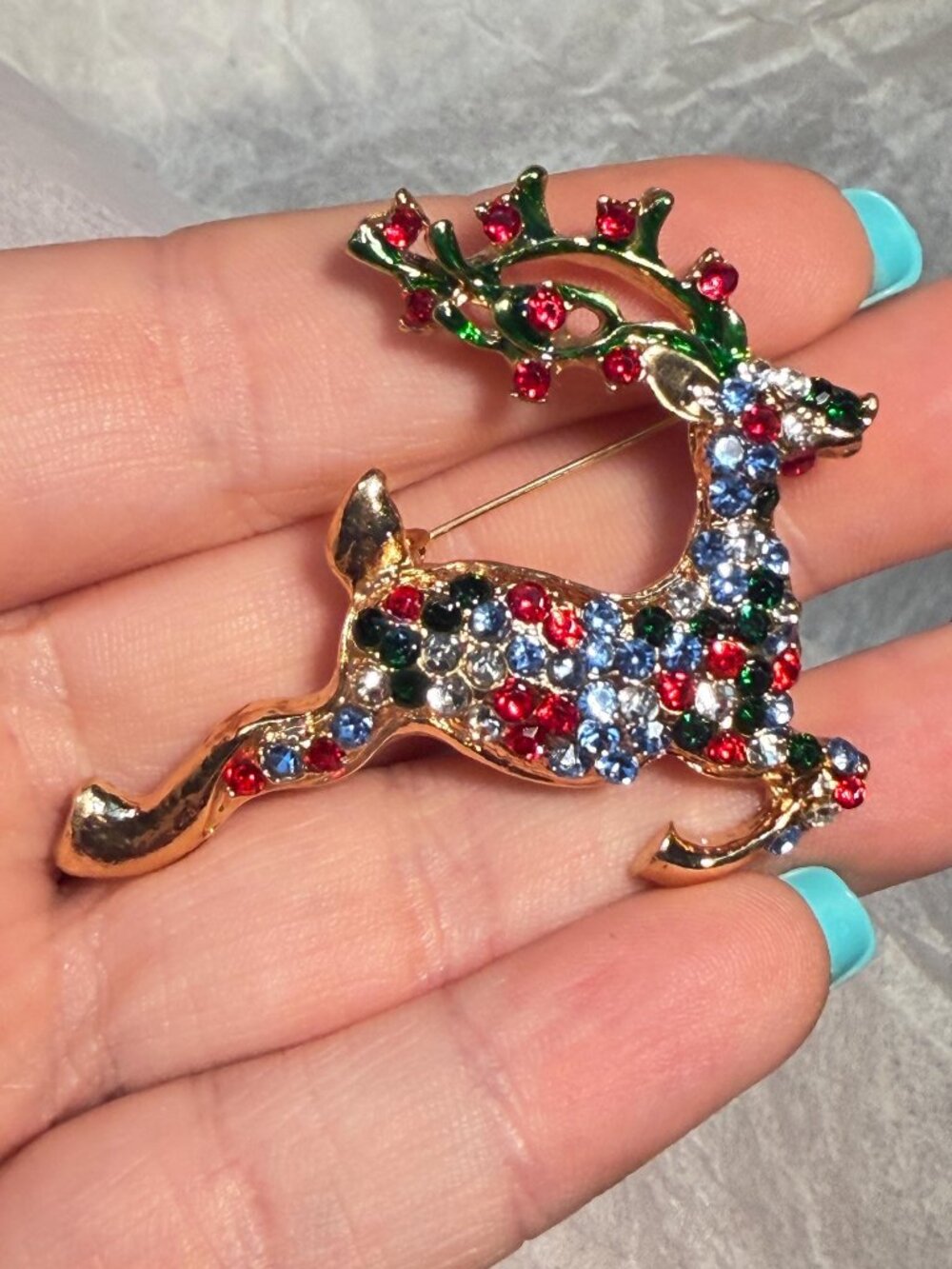 Christmas Reindeer Brooch Multicolor Rhinestones Holiday Deer Pin